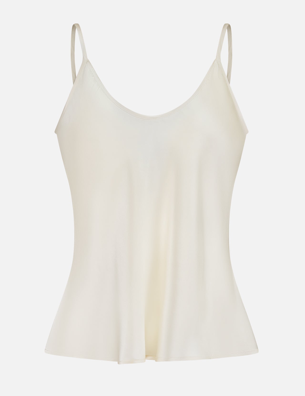 The Lexi Silk Camisole by L'AGENCE features a cream hue, thin adjustable straps, and a subtly flared hem, shown against a plain white background.