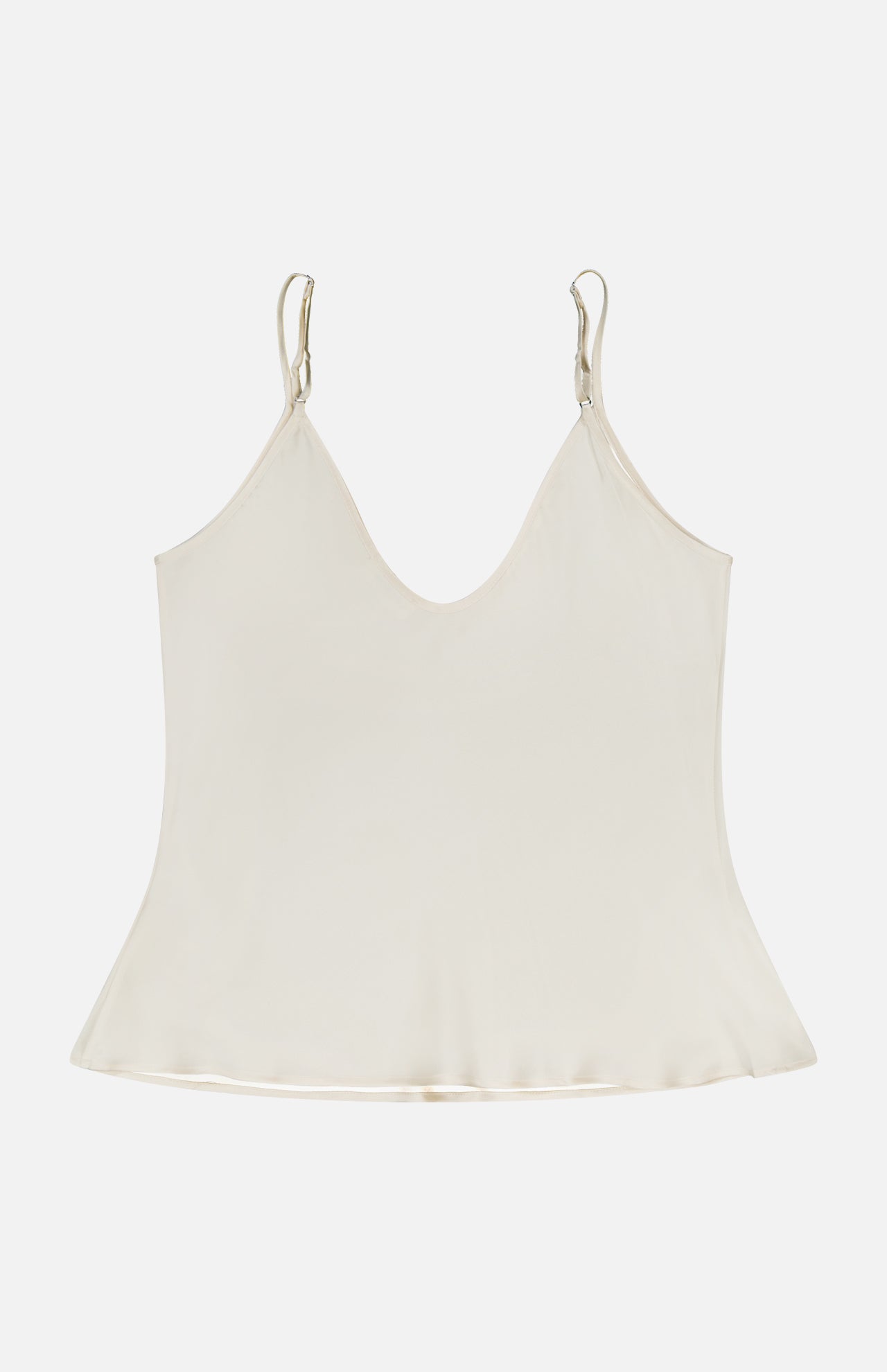 The Lexi Silk Camisole by L'AGENCE, in a pearl cream satin with thin adjustable straps and a V-neckline, is shown laid flat on a white background.