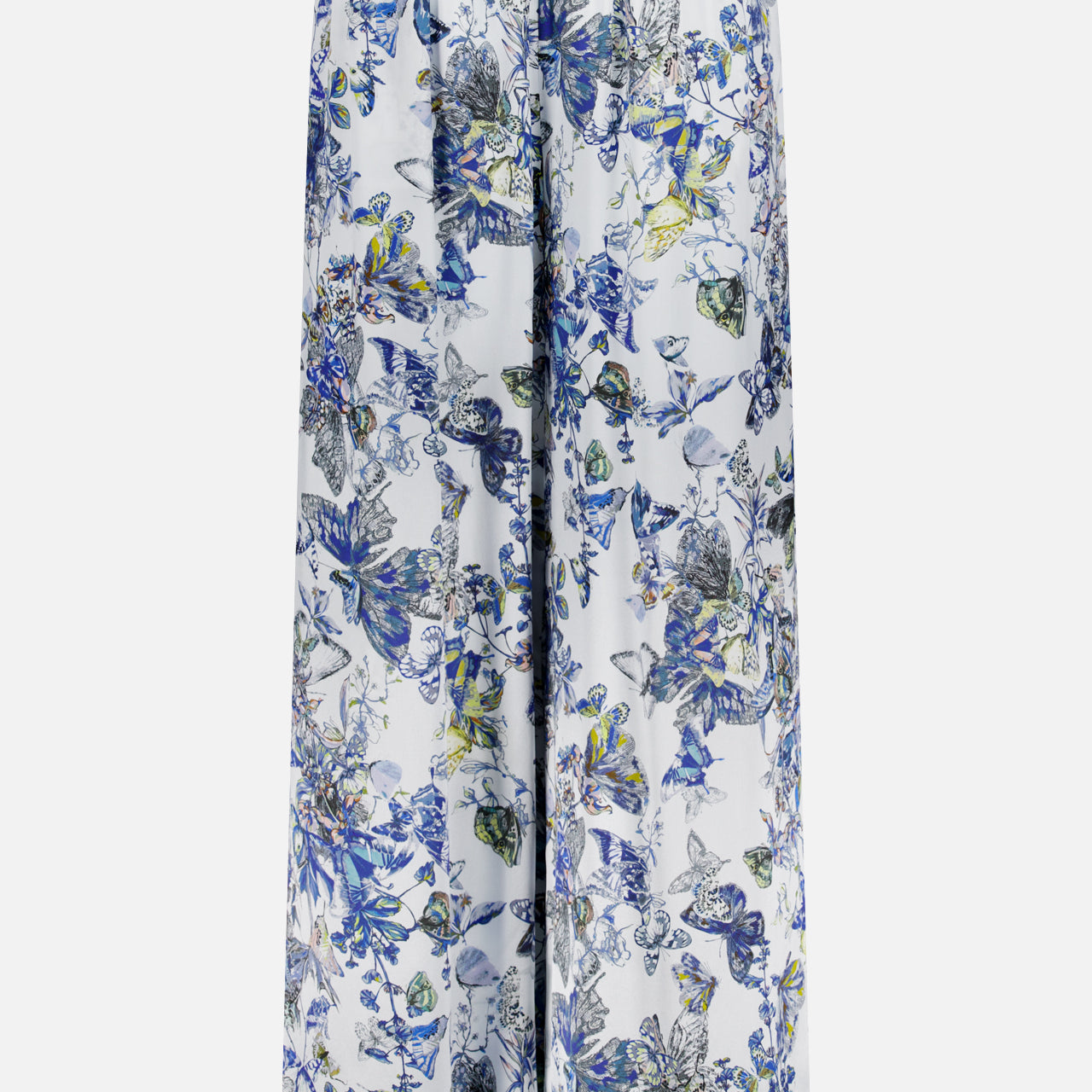 The Lillian Wide Leg Silk Pant by L'AGENCE features a vibrant blue, green, and purple floral print on white silk. With a pull-on style and elastic waistband, these pants offer both comfort and style.