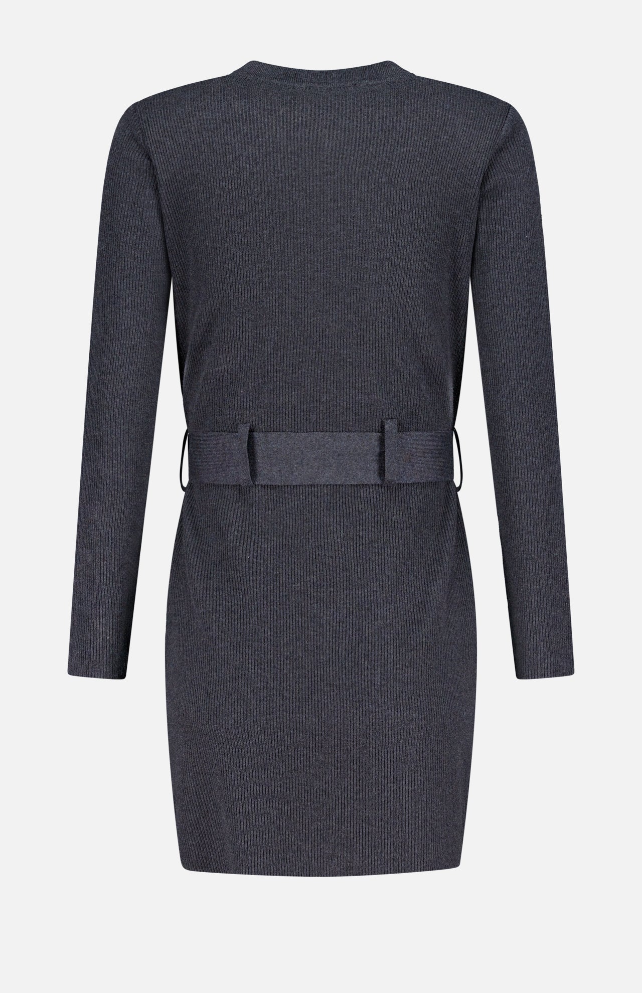 A back view of the Lore Cargo Pocket Cardigan by L'AGENCE in dark gray, featuring long sleeves, ribbed knit texture, and a wide self-tie belt at the waist, displayed against a plain white background.