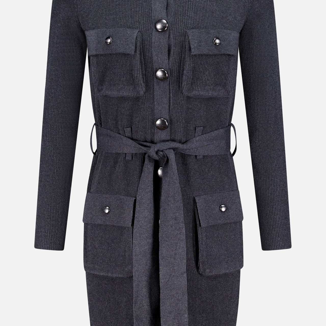The Lore Cargo Pocket Cardigan by L'AGENCE is a long-sleeved, dark grey knit dress with four front flap pockets, large silver buttons, and a matching self-tie waist belt.