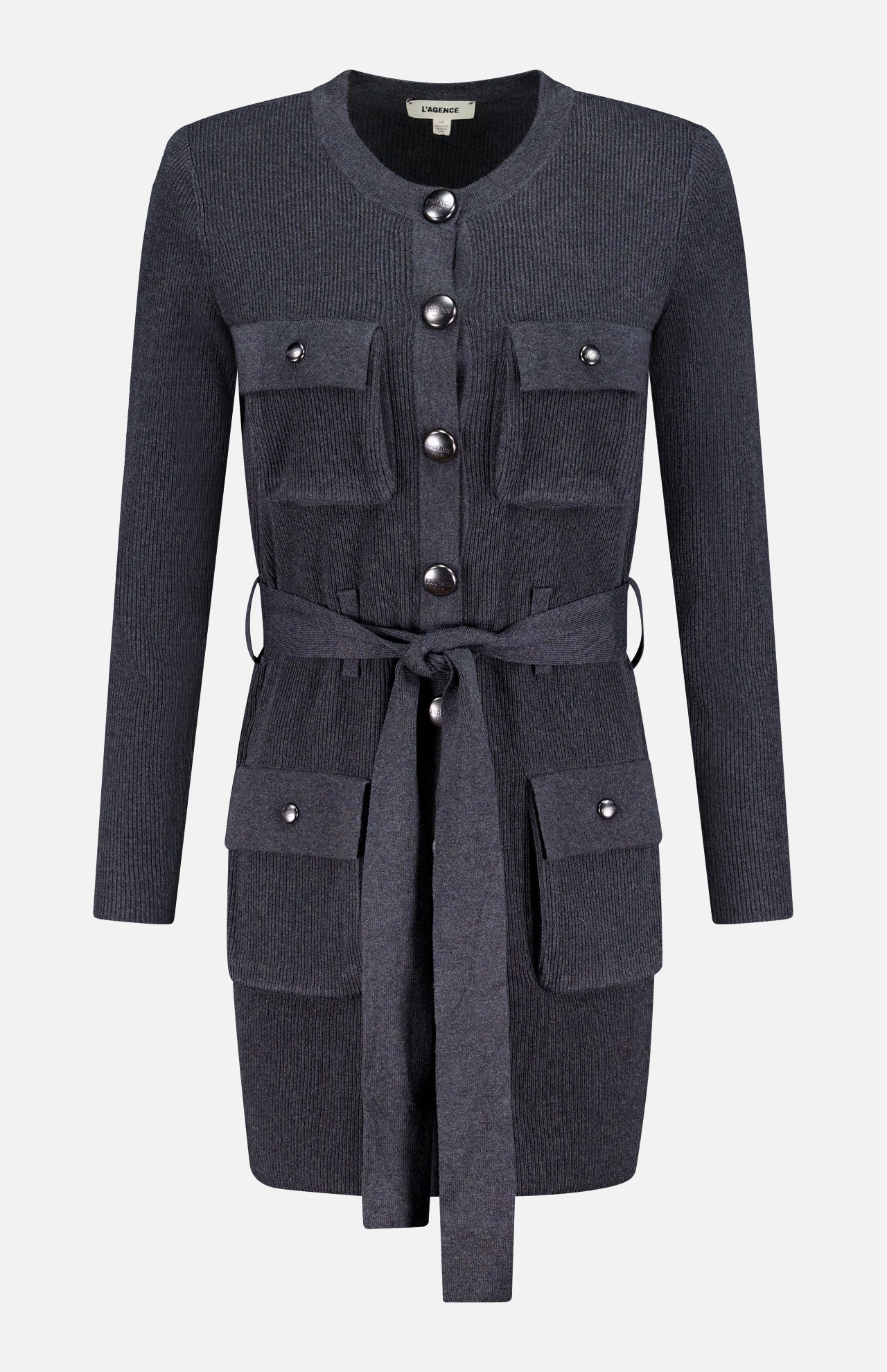 The Lore Cargo Pocket Cardigan by L'AGENCE is a long-sleeved, dark grey knit dress with four front flap pockets, large silver buttons, and a matching self-tie waist belt.