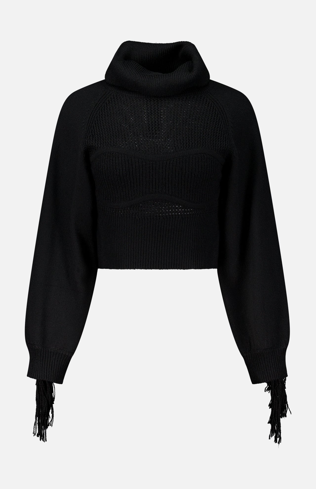 L’Agence Maddison Fringe Turtleneck Sweater in black, featuring a cropped knit bodice, long sleeves, and fringe detailing at the cuffs.