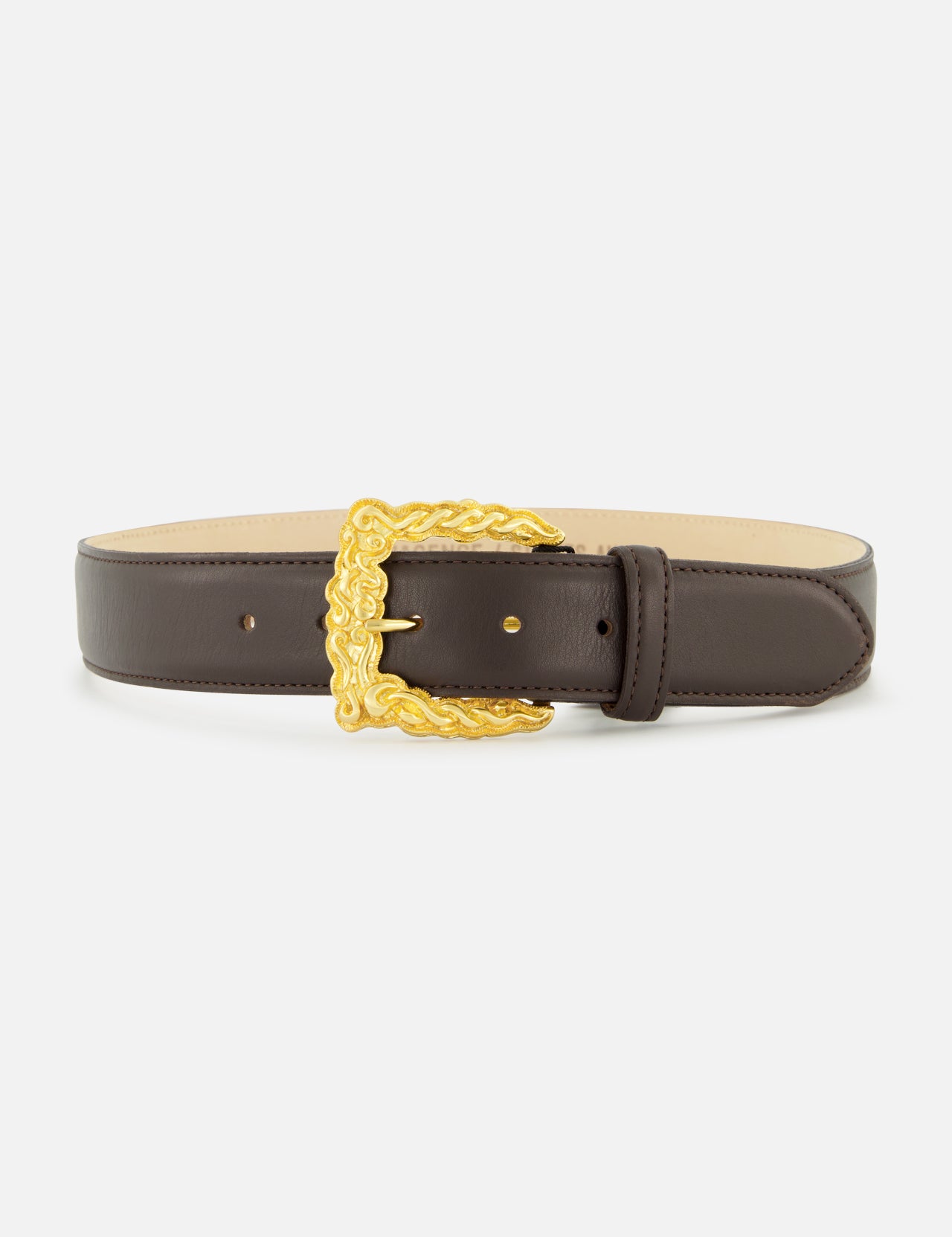 L’Agence Marcaeu Baroque Belt in chocolate brown leather, featuring an ornate, gold-tone statement buckle with an embossed scrolling pattern.