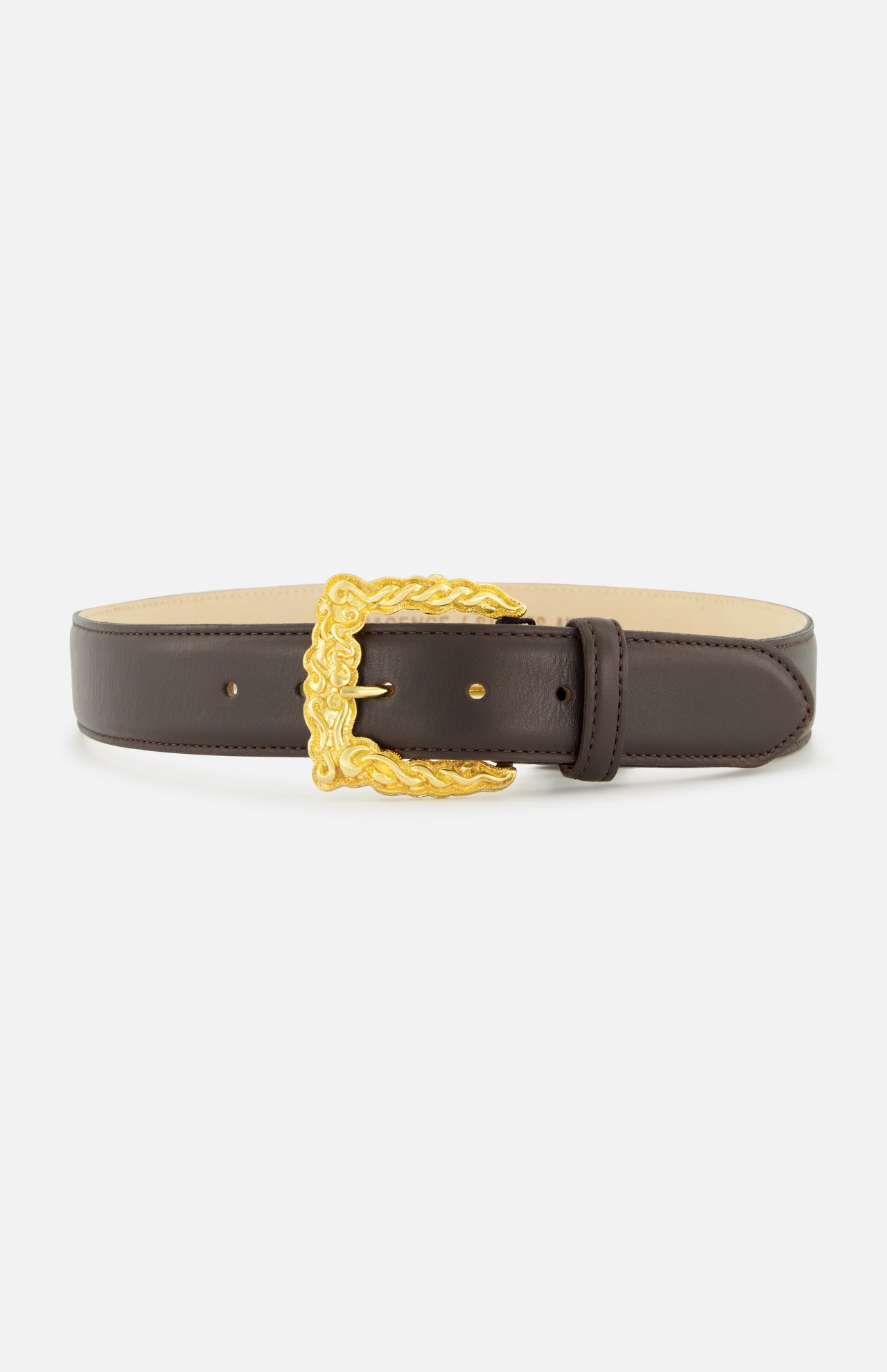 L’Agence Marcaeu Baroque Belt in chocolate brown leather, featuring an ornate, gold-tone statement buckle with an embossed scrolling pattern.