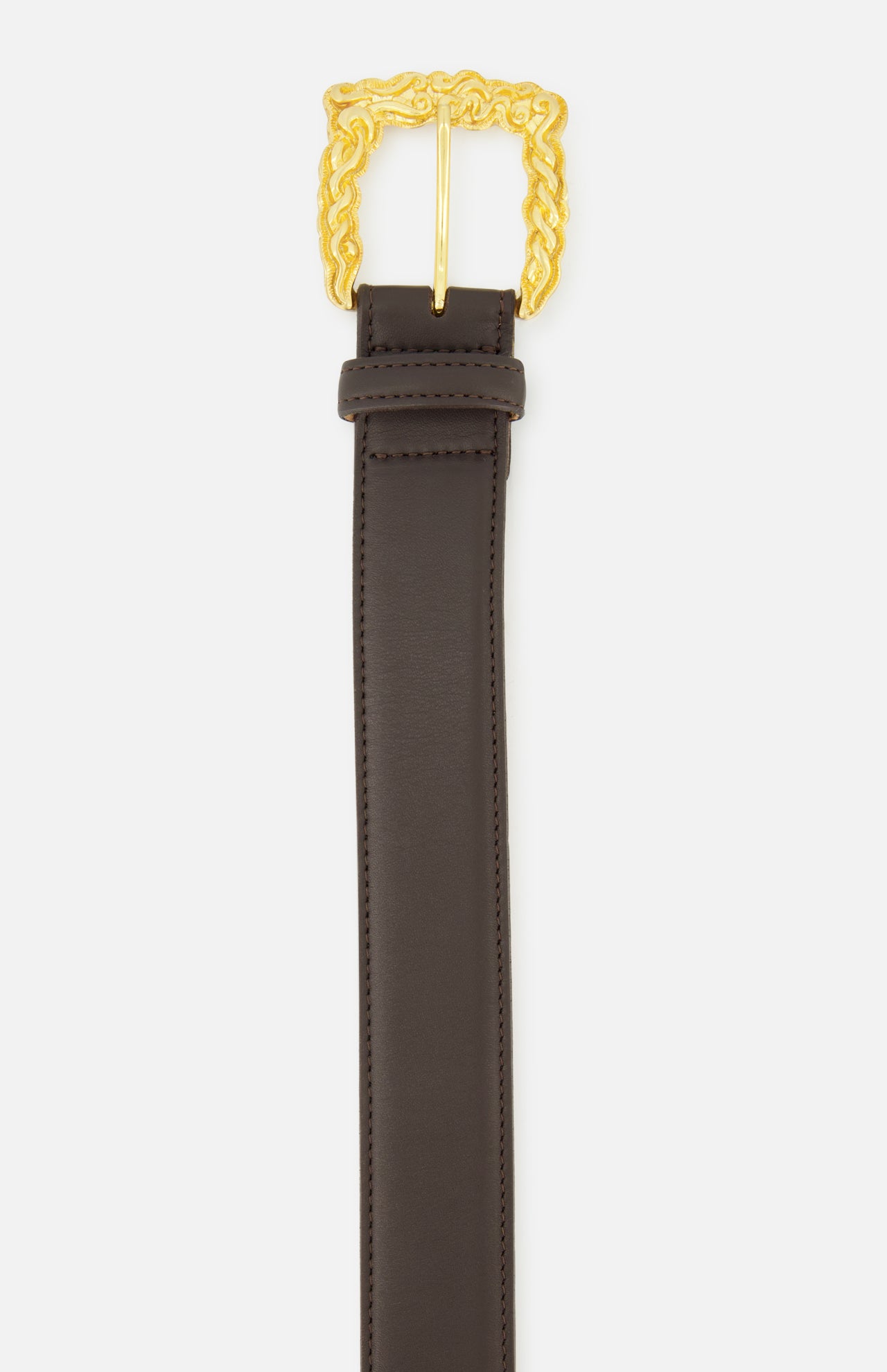 L’Agence Marcaeu Baroque Belt in chocolate brown leather featuring a gold-tone statement buckle with an ornate, embossed scrollwork design.