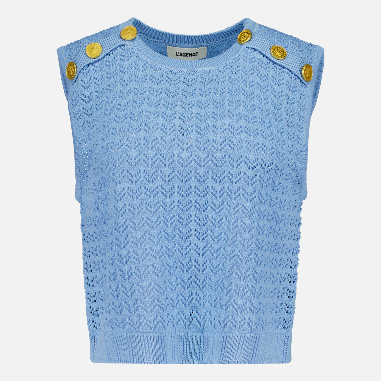 The Max Pointelle Knit Top by L'AGENCE is a powder blue sleeveless top with textured patterns and gold shoulder buttons, shown on a plain white background.