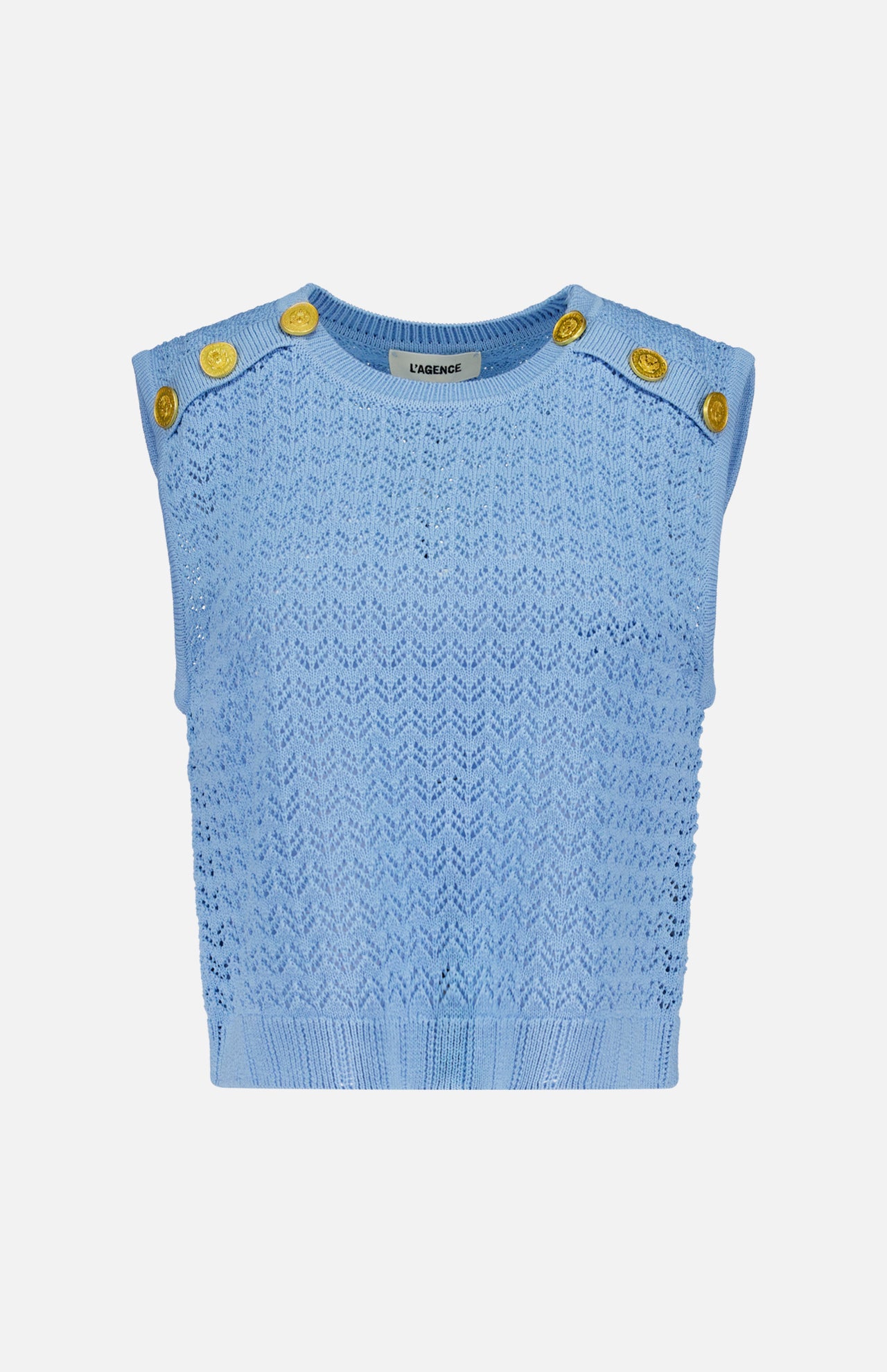 The Max Pointelle Knit Top by L'AGENCE is a powder blue sleeveless top with textured patterns and gold shoulder buttons, shown on a plain white background.