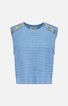 The Max Pointelle Knit Top by L'AGENCE is a powder blue sleeveless top with textured patterns and gold shoulder buttons, shown on a plain white background.