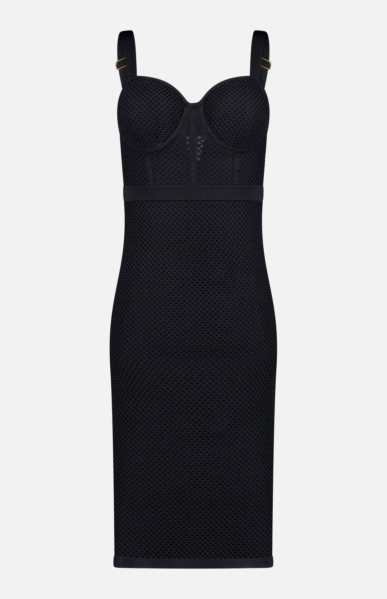 The Michelle Bra Cup Pointelle Dress by L'AGENCE is a sleeveless, form-fitting black bodycon dress with wide straps, a structured bustier-style top and sweetheart neckline, shown knee-length against a plain white background.