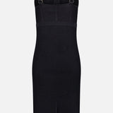 The Michelle Bra Cup Pointelle Dress by L'AGENCE is a fitted, sleeveless black bodycon dress featuring thick straps, a sweetheart neckline, bustier-style top, knee-length hem, structured design, and a subtle textured pattern.