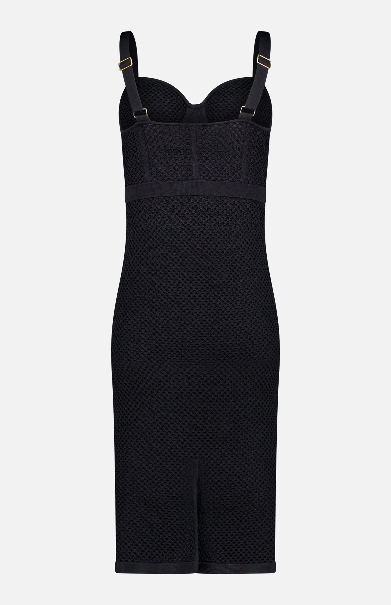 The Michelle Bra Cup Pointelle Dress by L'AGENCE is a fitted, sleeveless black bodycon dress featuring thick straps, a sweetheart neckline, bustier-style top, knee-length hem, structured design, and a subtle textured pattern.