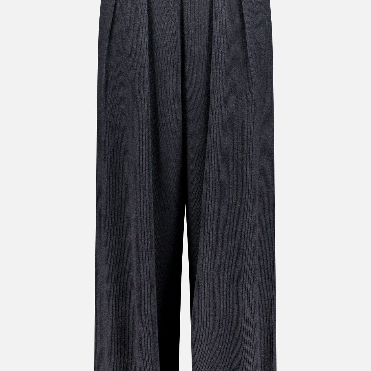The L'AGENCE Milly Draped Knit Pant features a dark grey, textured knit in a wide-leg, mid-calf cut with a high waist, front pleats, and pull-on design for a relaxed fit.