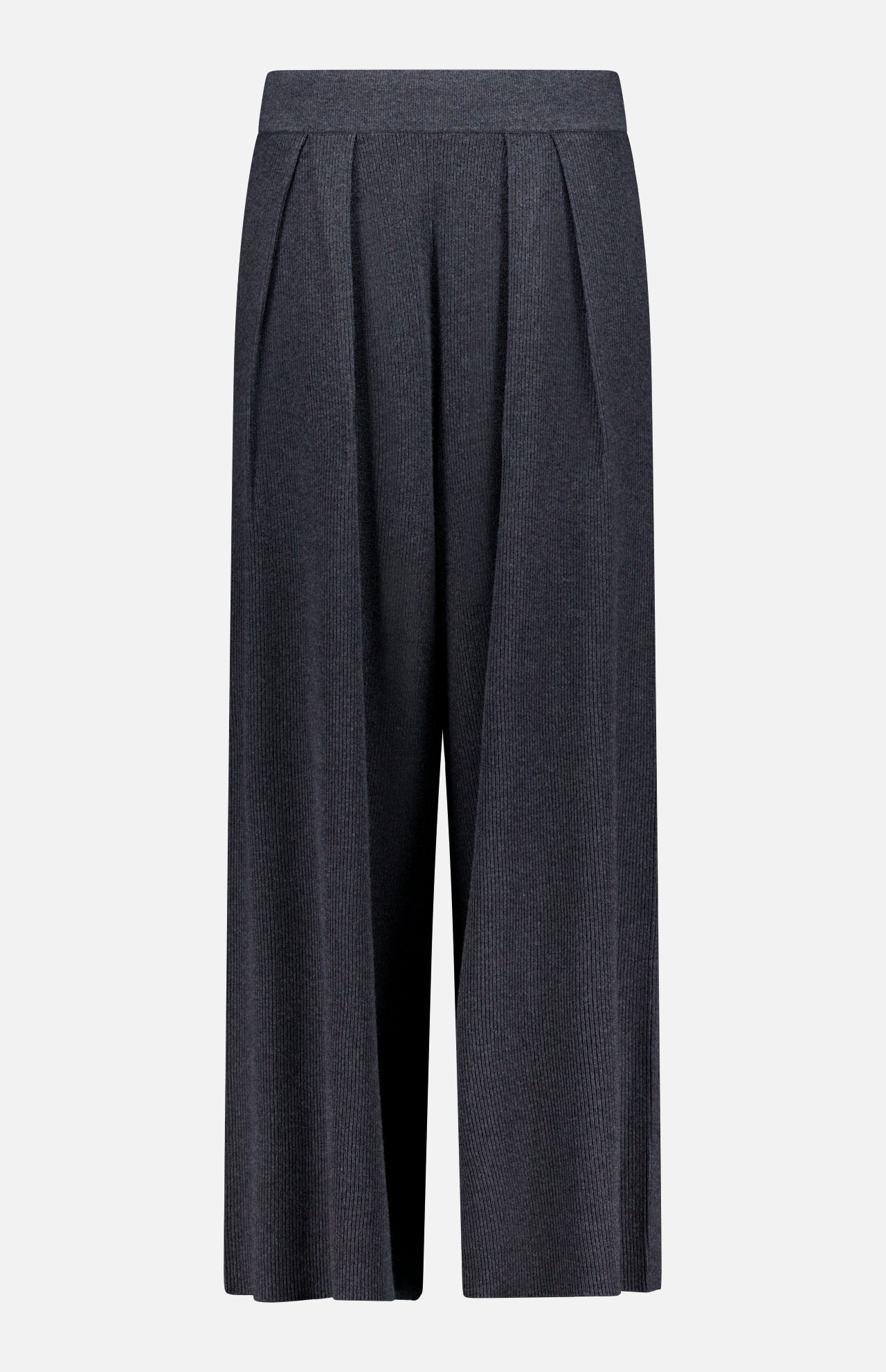The L'AGENCE Milly Draped Knit Pant features a dark grey, textured knit in a wide-leg, mid-calf cut with a high waist, front pleats, and pull-on design for a relaxed fit.