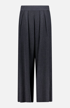 The L'AGENCE Milly Draped Knit Pant features a dark grey, textured knit in a wide-leg, mid-calf cut with a high waist, front pleats, and pull-on design for a relaxed fit.