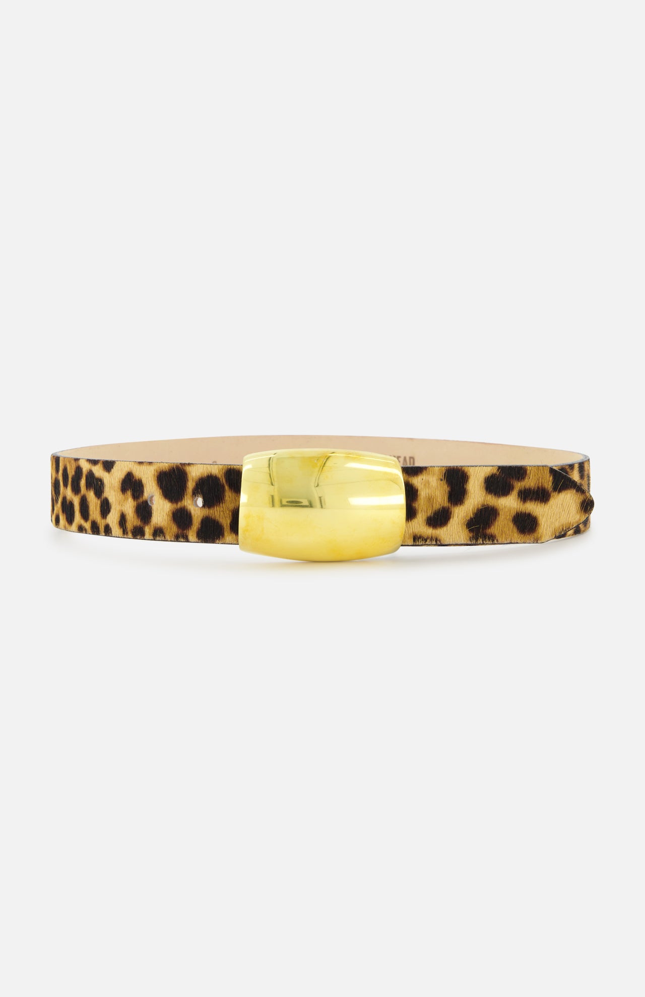L’Agence Montell Ribbed Domed Belt in leopard-print calf hair with a polished gold-tone domed brass buckle.