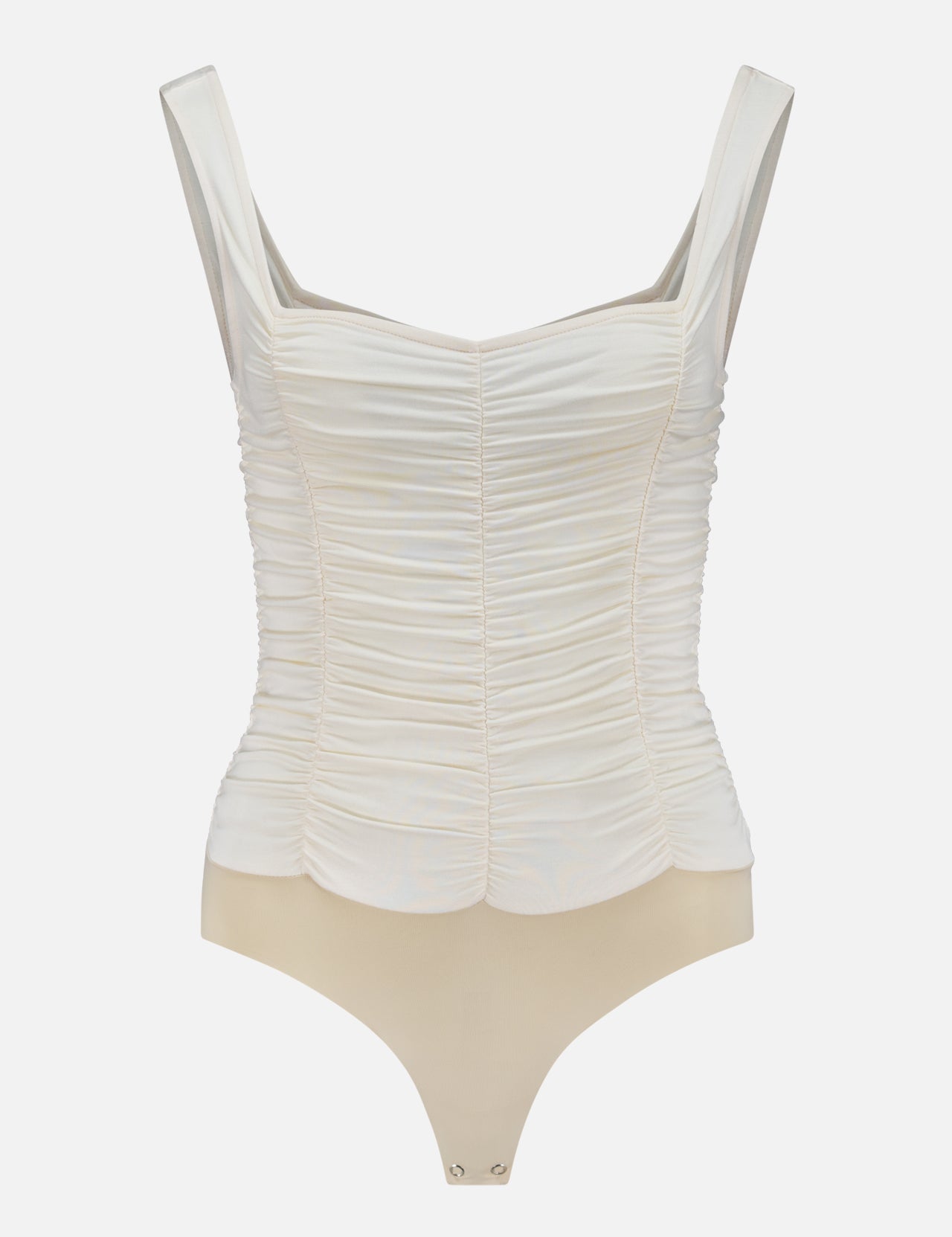 The L'AGENCE Mixie Ruched Bodysuit features vintage white mesh with wide straps, a square neckline, and snap-button crotch closure. Its upper is textured and gathered, while the lower part is smooth beige.