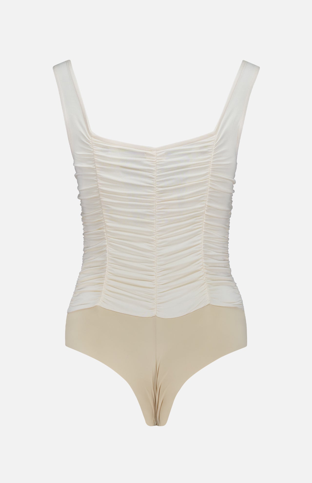 The Mixie Ruched Bodysuit by L'AGENCE features beige and vintage white mesh, wide shoulder straps, and a fitted, gathered front design, shown on a plain white background.