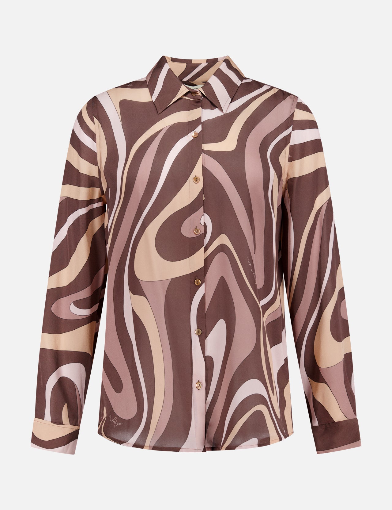The Nina Long Sleeve Swirl Print Blouse by L'AGENCE features a brown, beige, and pink abstract swirl pattern, complete with a collared neckline and matching patterned cuffs.
