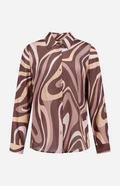 The Nina Long Sleeve Swirl Print Blouse by L'AGENCE features a brown, beige, and pink abstract swirl pattern, complete with a collared neckline and matching patterned cuffs.
