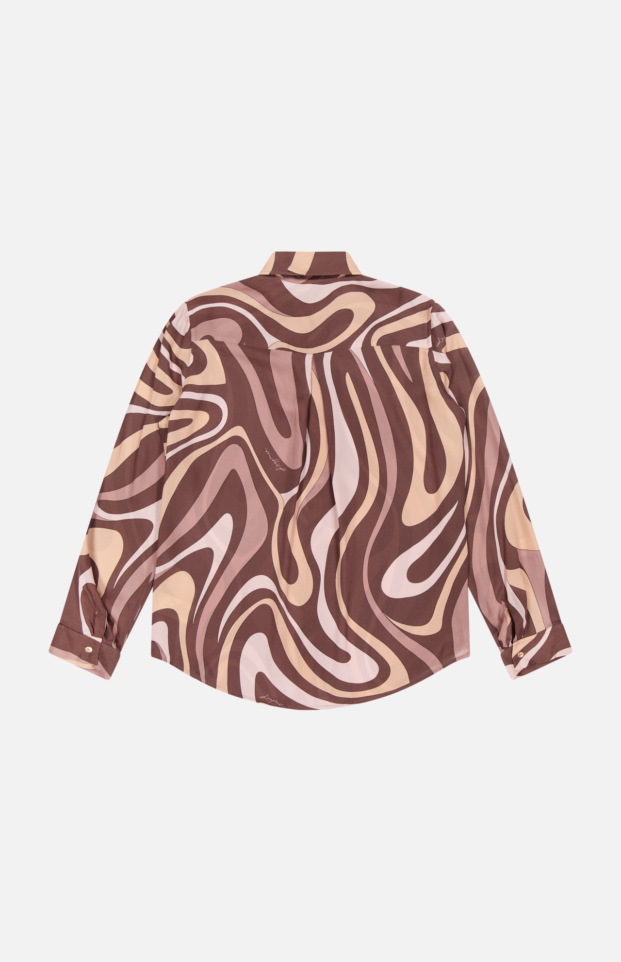 The Nina Long Sleeve Swirl Print Blouse by L'AGENCE features a bold, abstract swirl design in shades of brown, beige, and cream, shown laid flat with the back facing up.