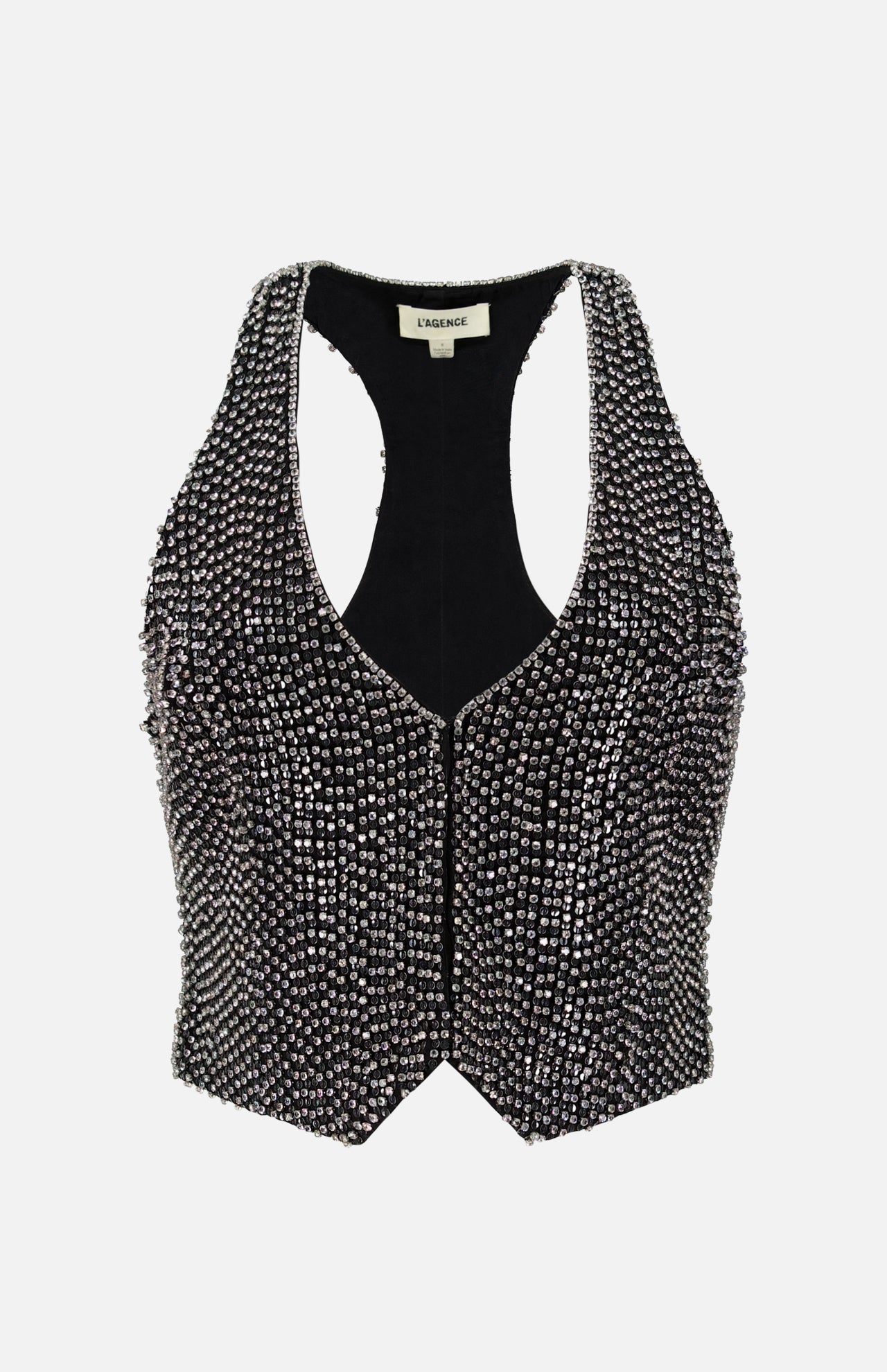 L’Agence Nixe Embellished Vest: a black racerback vest with a V-neckline, completely covered in silver crystals for a sparkly look.