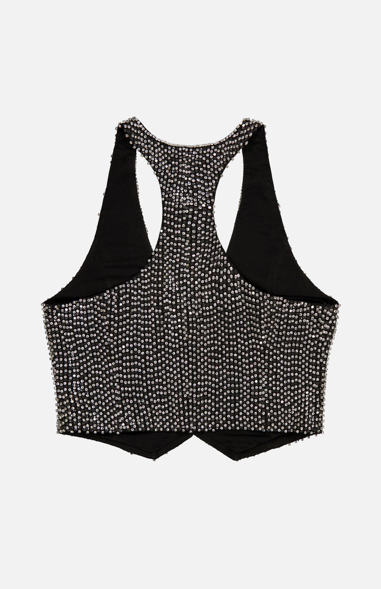 L’Agence Nixe Embellished Vest in black with a racerback silhouette covered in silver rhinestones for a sparkly look.