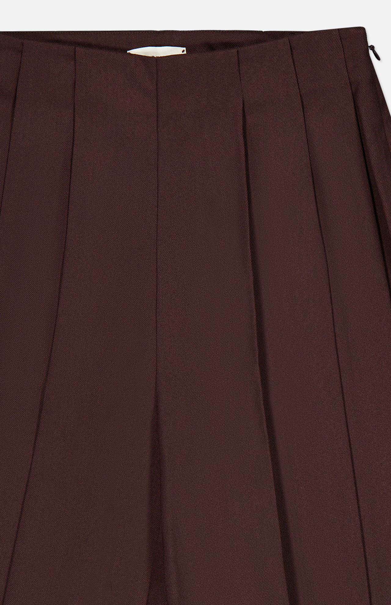 L’Agence Nova Pleated Trouser Pant in dark chocolate brown with a wide-leg silhouette, pleats, and a side zipper closure.