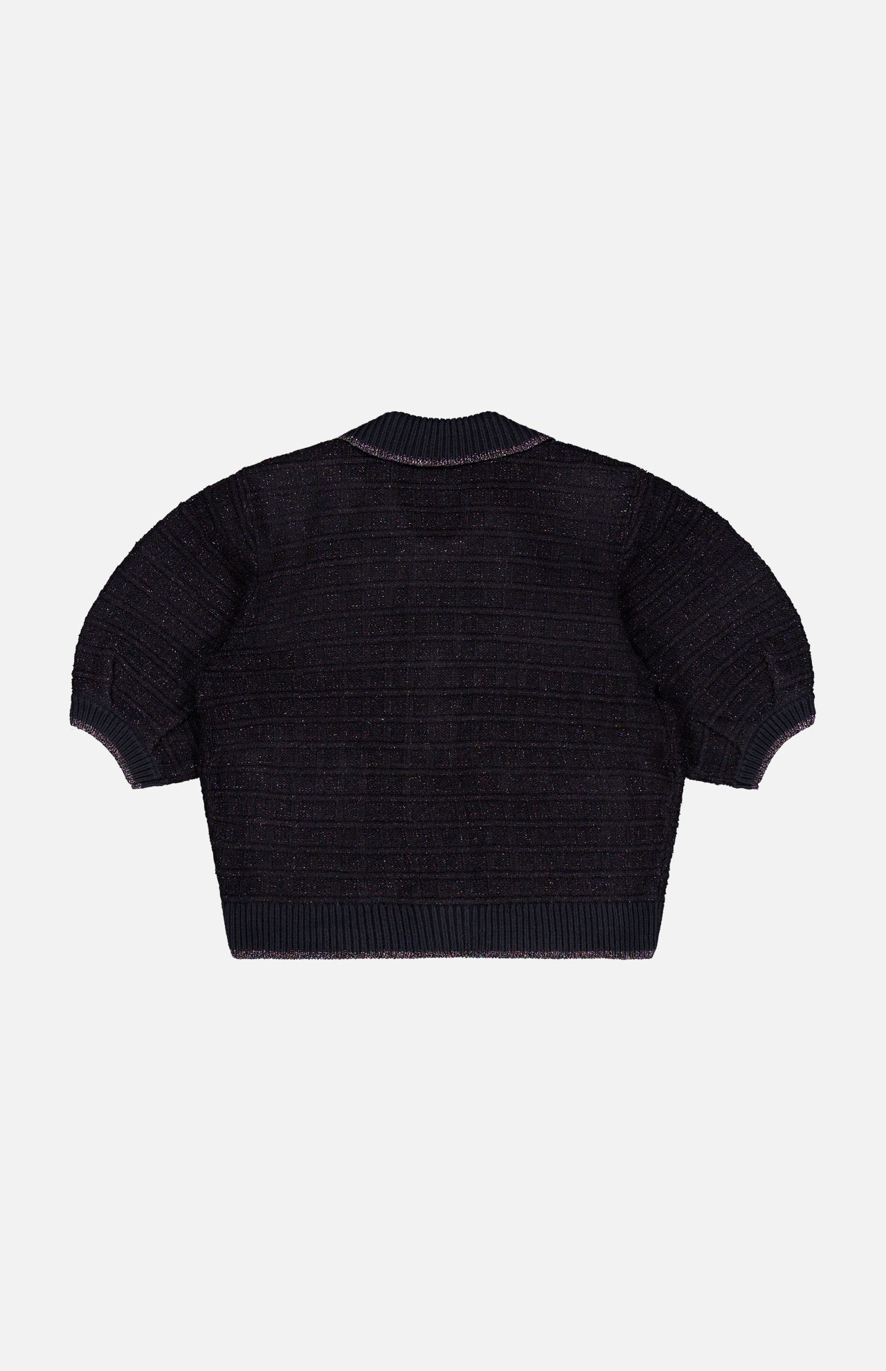 The Novalie Waffle Stitch Short Sleeve Cardigan by L’AGENCE is a black, textured feminine knit sweater featuring short sleeves and ribbed cuffs, neckline, and hem, displayed laid flat with the back facing up on a white background.
