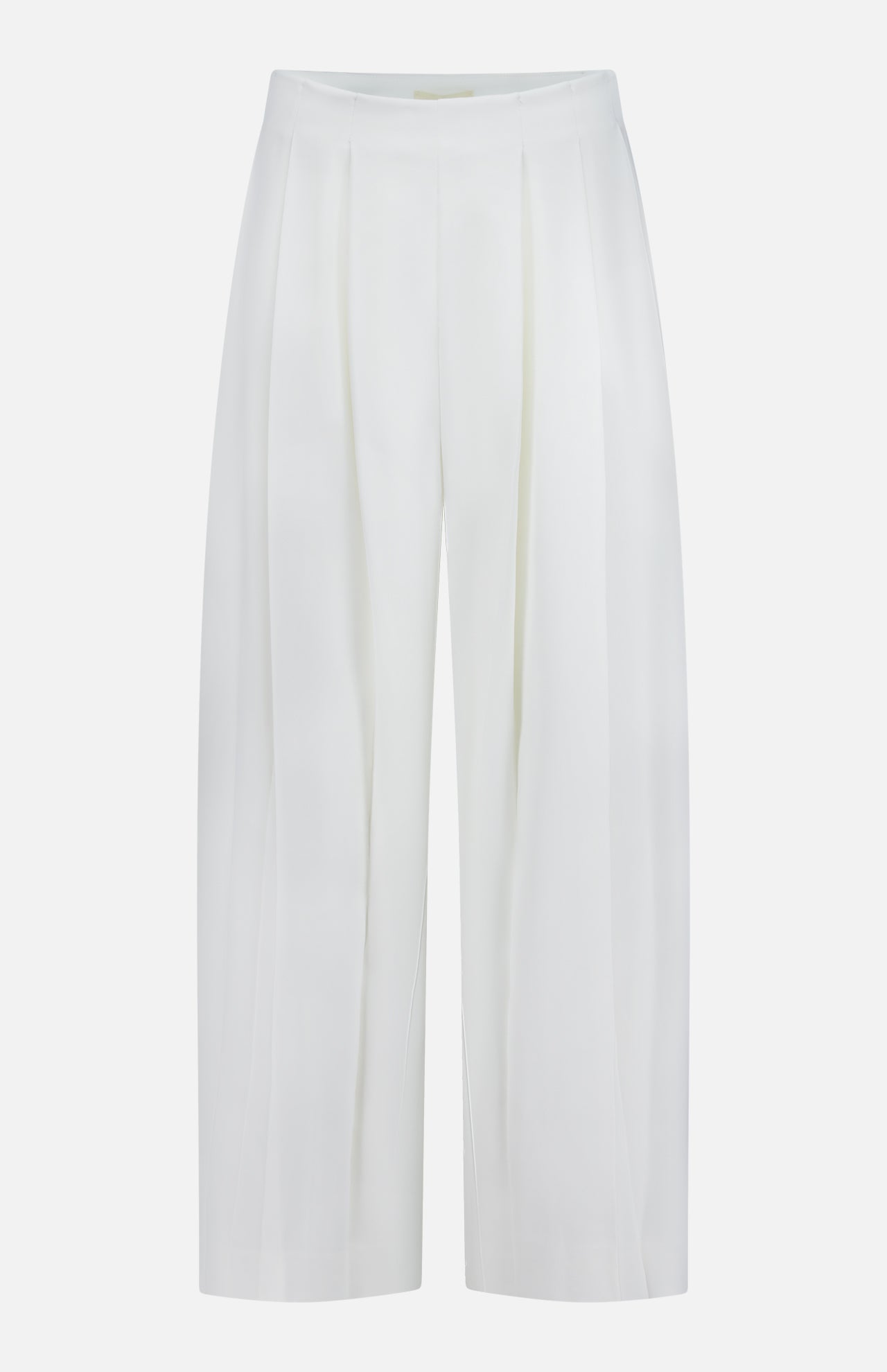 The Novalynn Cropped Pleated Pant by L'AGENCE features a white wide-leg, high-rise silhouette with front pleats and a minimalist design. Crafted from smooth, slightly shiny fabric for a polished, elegant look.