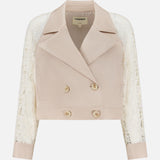 The Novelle Lace Sleeve Trench Coat by L'AGENCE is a cropped, double-breasted beige jacket with wide lapels, button closure, and long floral lace sleeves shown against a plain white background.