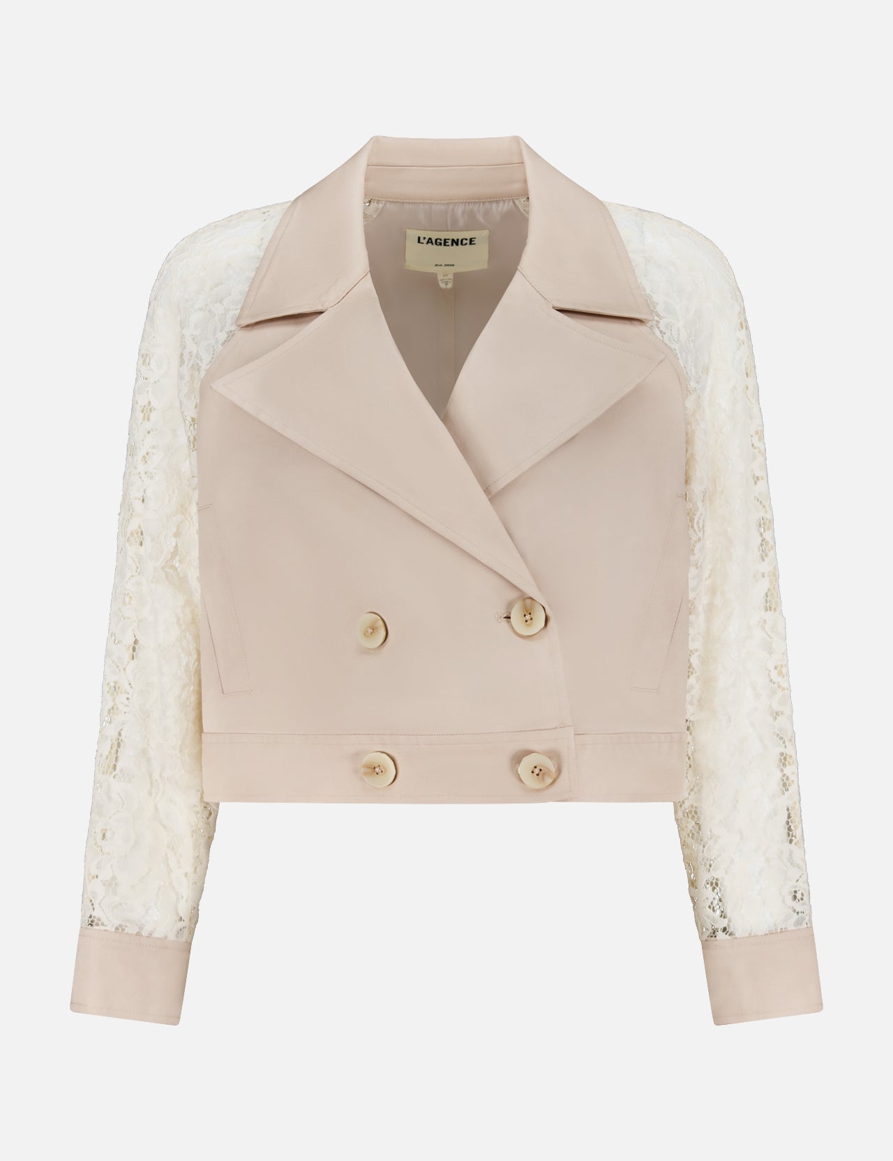 The Novelle Lace Sleeve Trench Coat by L'AGENCE is a cropped, double-breasted beige jacket with wide lapels, button closure, and long floral lace sleeves shown against a plain white background.
