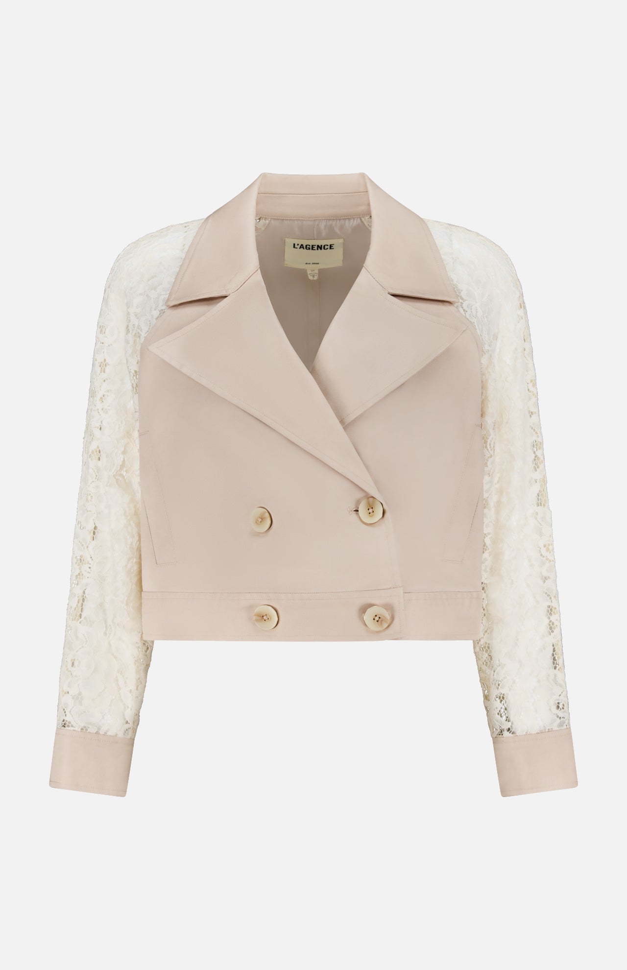The Novelle Lace Sleeve Trench Coat by L'AGENCE is a cropped, double-breasted beige jacket with wide lapels, button closure, and long floral lace sleeves shown against a plain white background.