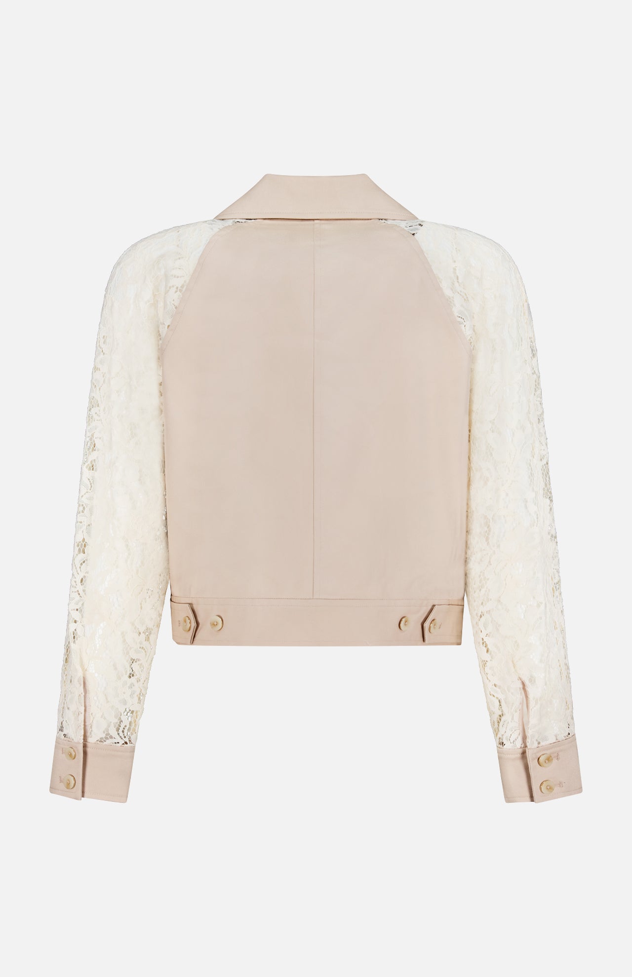 The Novelle Lace Sleeve Trench Coat by L'AGENCE features a solid beige back, long floral lace sleeves, buttoned beige cuffs, and a straight hem with button details. This lightweight coat is shown on a plain white background.