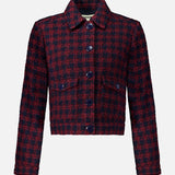 L’Agence NYX Cropped Tweed Jacket in navy and burgundy plaid cotton-blend, featuring a collar, buttoned chest pockets, and a front button closure.