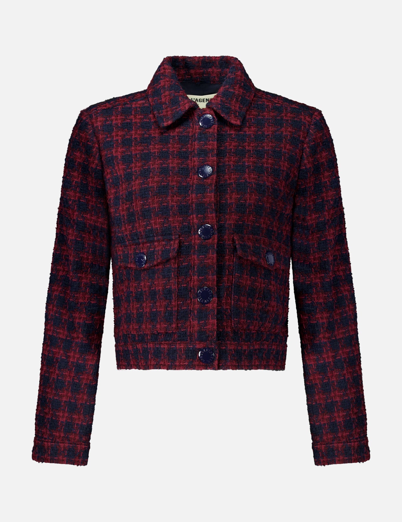 L’Agence NYX Cropped Tweed Jacket in navy and burgundy plaid cotton-blend, featuring a collar, buttoned chest pockets, and a front button closure.