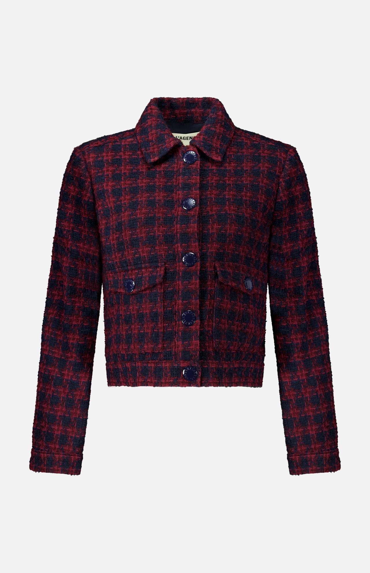 L’Agence NYX Cropped Tweed Jacket in navy and burgundy plaid cotton-blend, featuring a collar, buttoned chest pockets, and a front button closure.