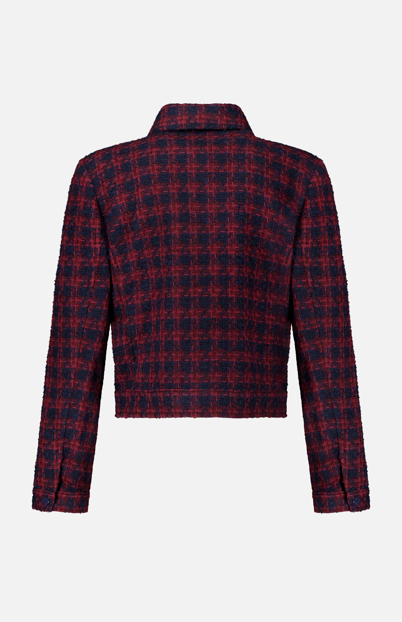 Back view of the L’Agence NYX Cropped Tweed Jacket in a dark red and navy blue plaid pattern.