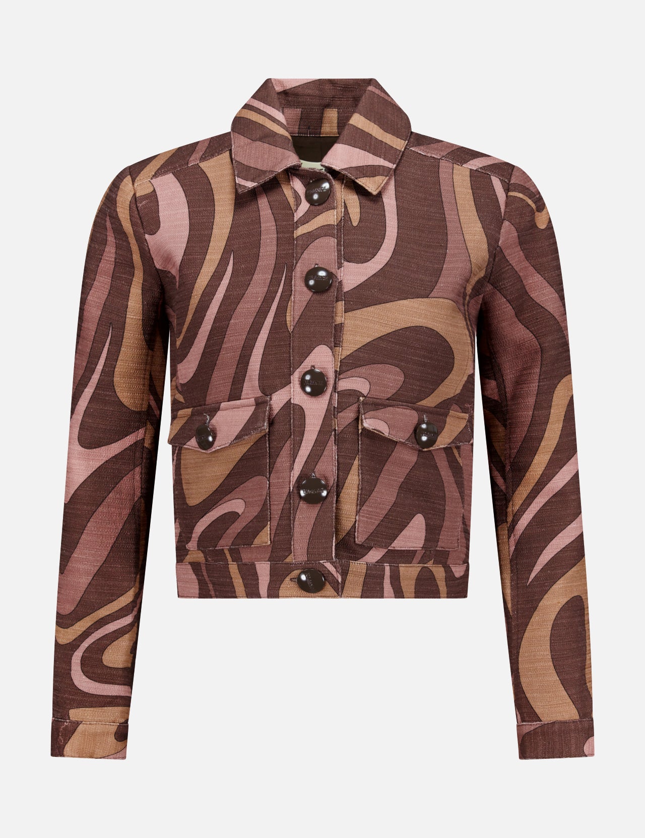 The Nyx Cropped Swirl Print Jacket by L'AGENCE is a long-sleeved, button-up style with a collar and two front pockets, showcasing an abstract swirl pattern in brown, tan, and pink for a modern sepia tone effect.