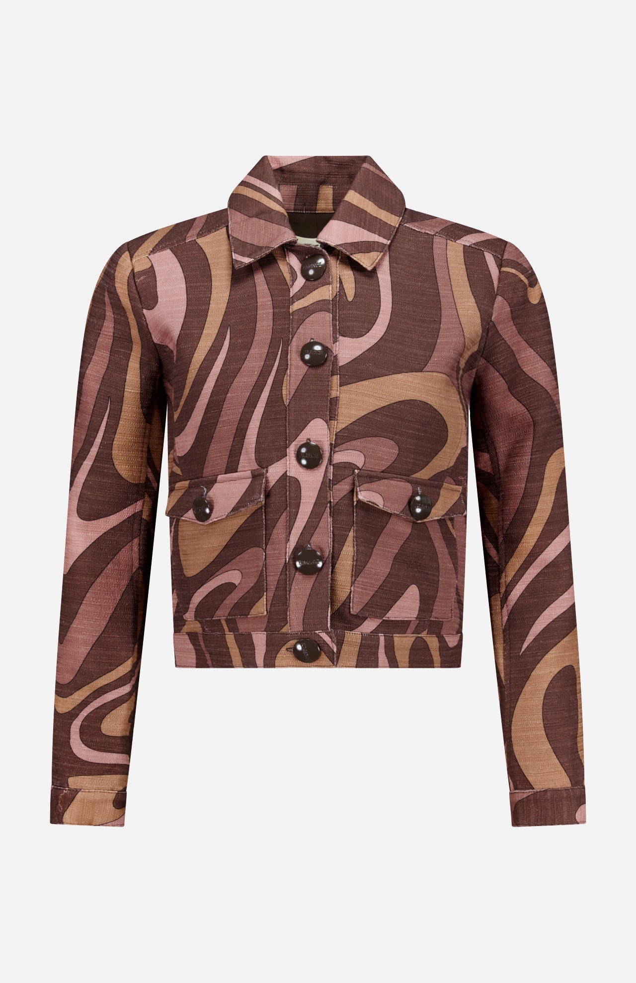 The Nyx Cropped Swirl Print Jacket by L'AGENCE is a long-sleeved, button-up style with a collar and two front pockets, showcasing an abstract swirl pattern in brown, tan, and pink for a modern sepia tone effect.