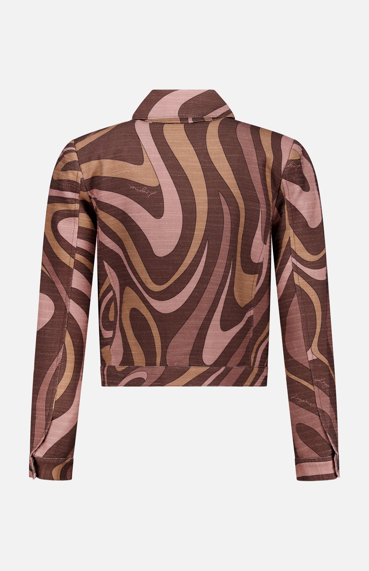 Back view of the Nyx Cropped Swirl Print Jacket by L’AGENCE, featuring long sleeves and an abstract swirl print in shades of brown, pink, and tan. This jacket is finished with a collar and has no visible fastenings.