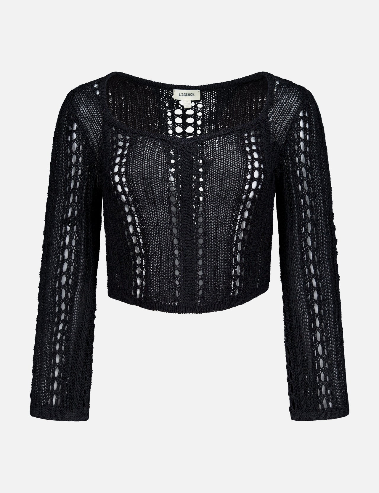 The Orine Cropped Pointelle Knit Top by L'AGENCE is a black long-sleeve crop top with a scoop neckline, showcasing vertical open-knit patterns, delicate pointelle knit detailing, and a slightly loose fit.