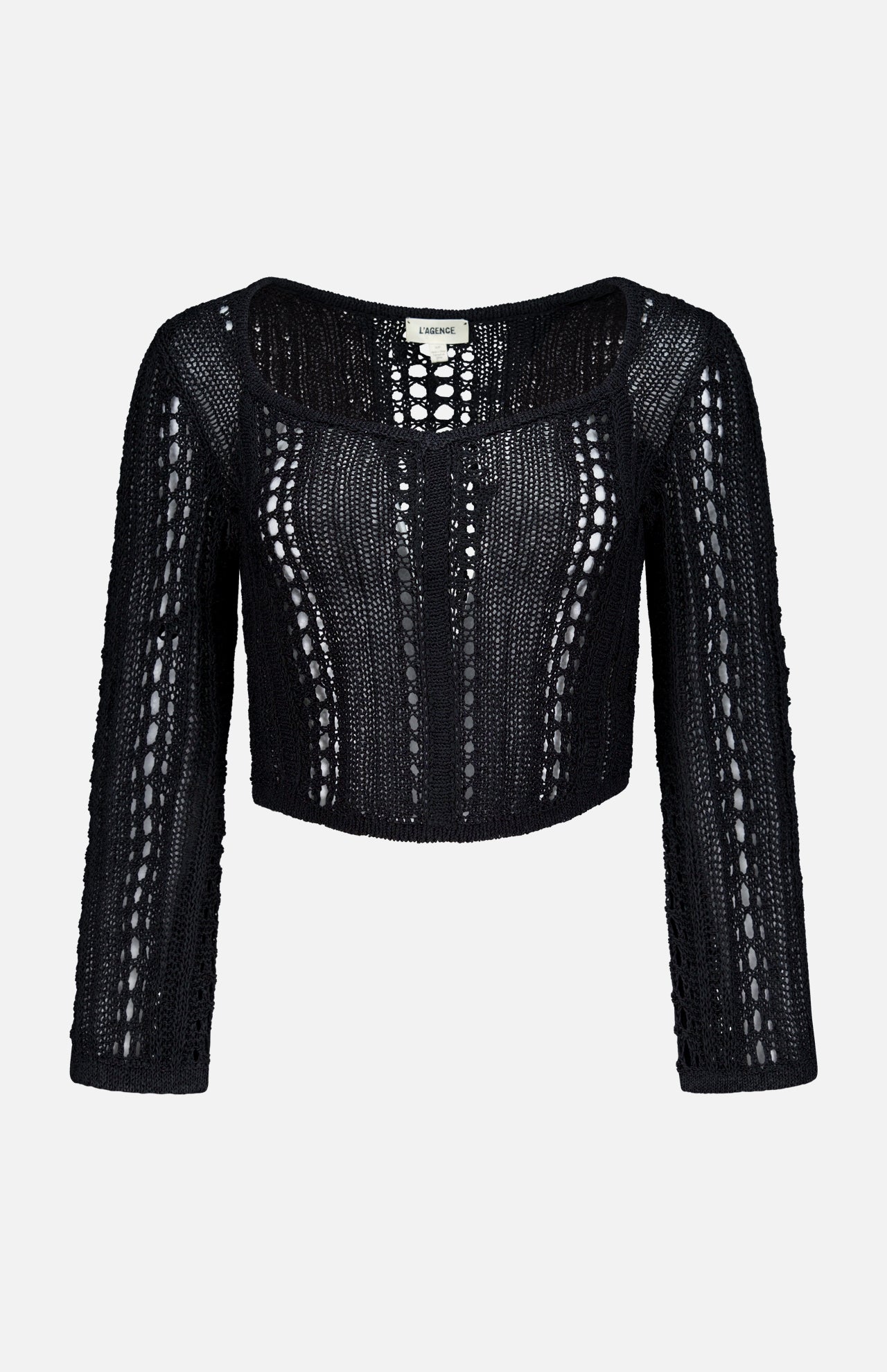 The Orine Cropped Pointelle Knit Top by L'AGENCE is a black long-sleeve crop top with a scoop neckline, showcasing vertical open-knit patterns, delicate pointelle knit detailing, and a slightly loose fit.