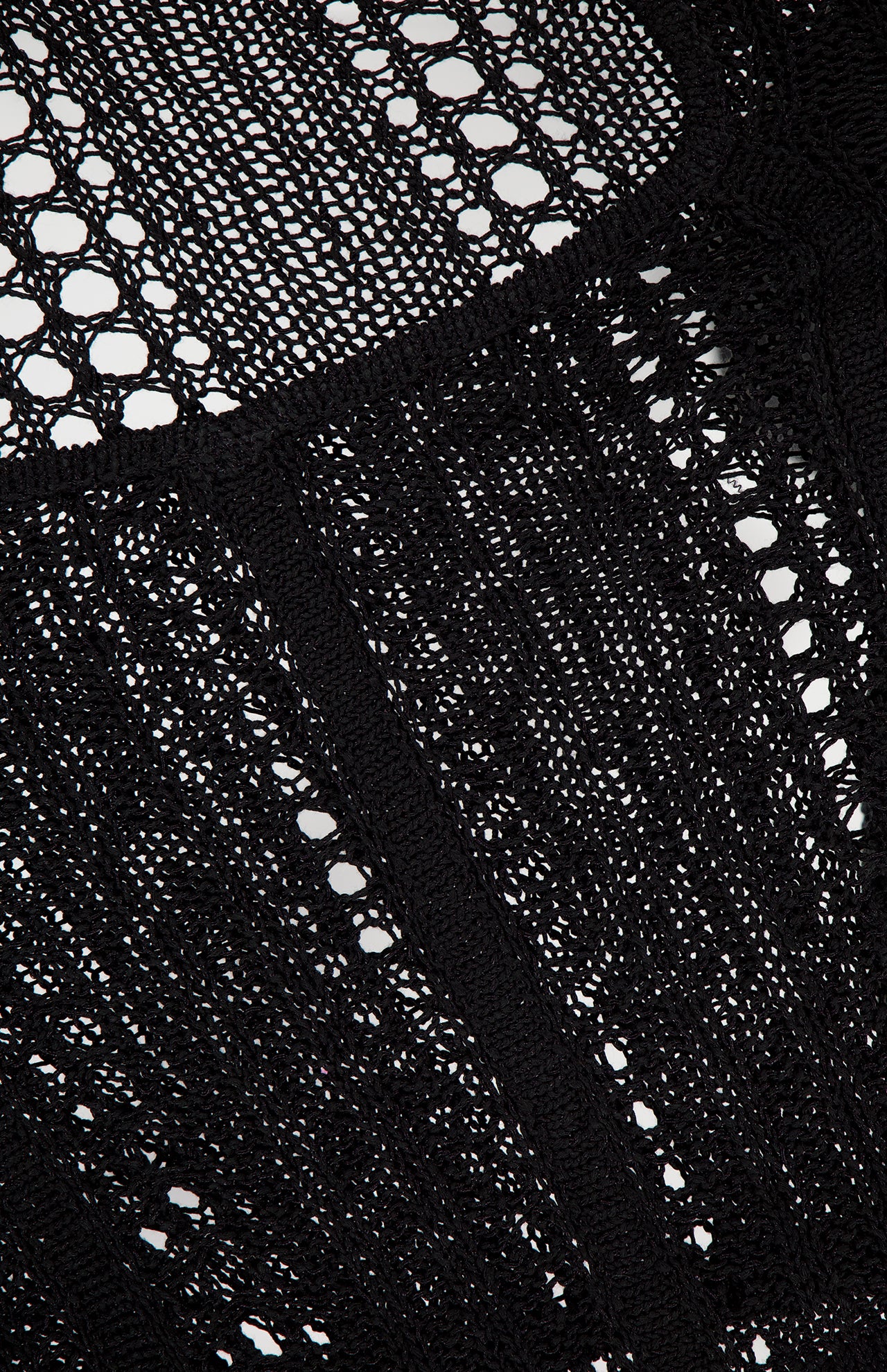 Close-up of the Orine Cropped Pointelle Knit Top by L'AGENCE, showcasing black pointelle knitting with open, mesh-like patterns and textured sections that highlight the delicate, airy style of this knit design.
