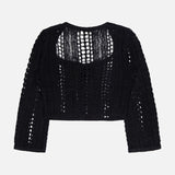 The Orine Cropped Pointelle Knit Top by L'AGENCE is a black, long-sleeve sweater laid flat on a white background. This knit top features a see-through pointelle pattern, bell sleeves, and a rounded neckline.