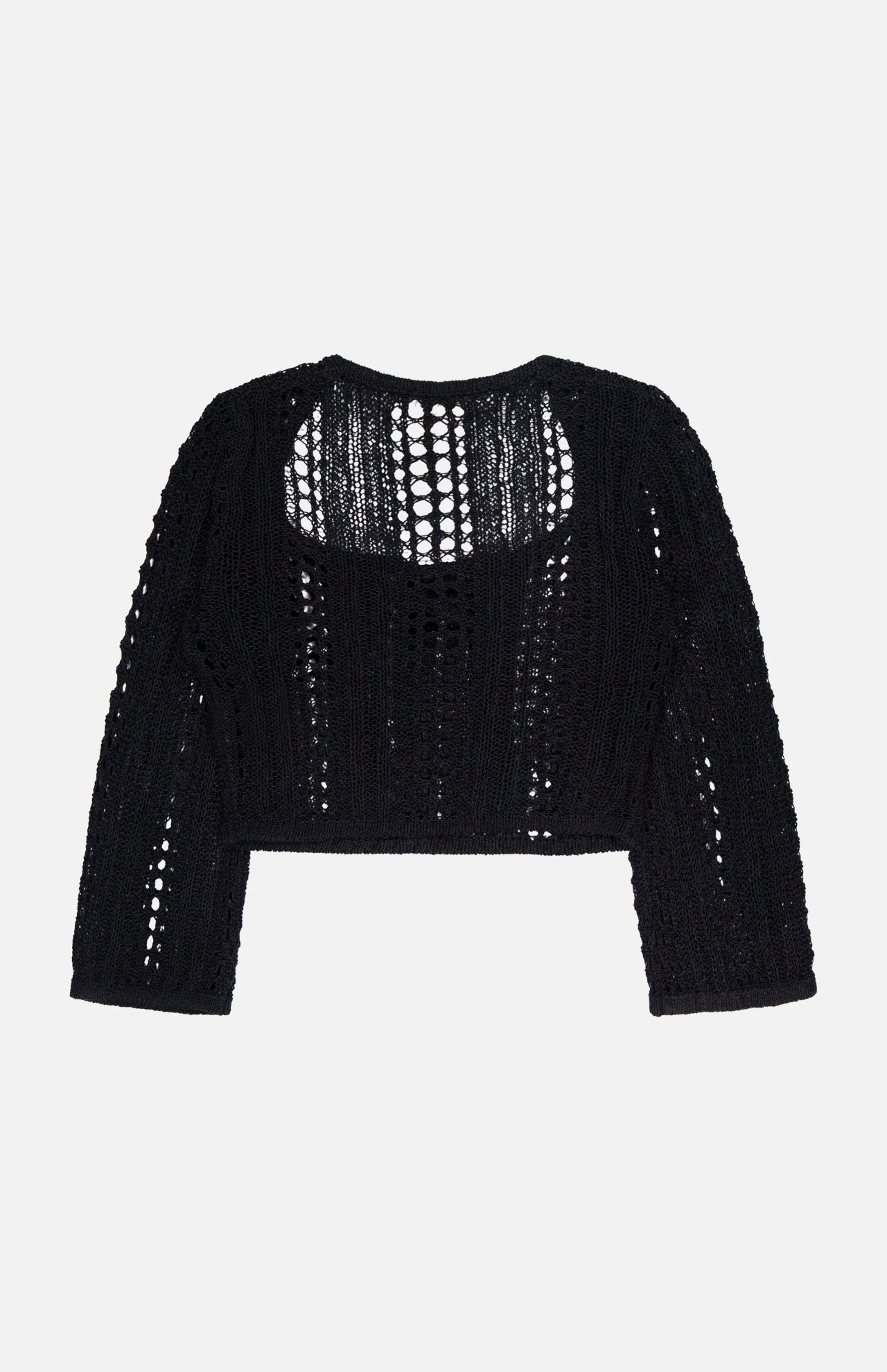 The Orine Cropped Pointelle Knit Top by L'AGENCE is a black, long-sleeve sweater laid flat on a white background. This knit top features a see-through pointelle pattern, bell sleeves, and a rounded neckline.