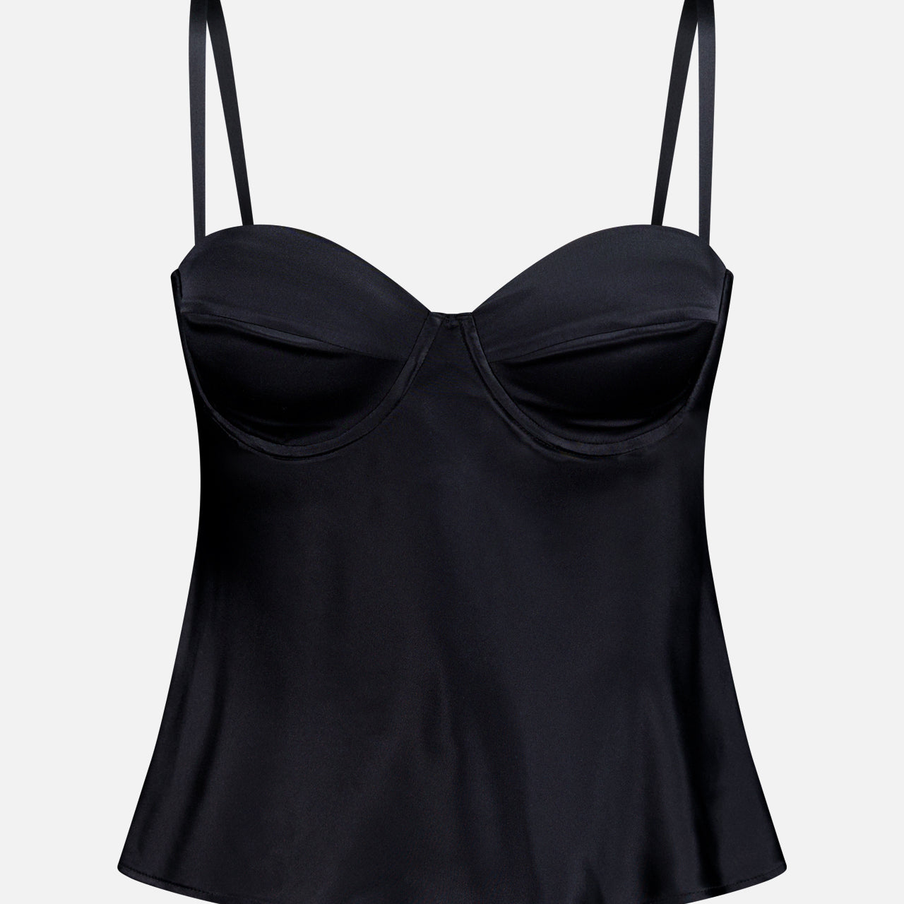 The Orlina Silk Camisole Top by L'AGENCE features black silk, underwire cups, thin adjustable straps, bustier-style details, and a slightly flared hem, shown on a plain white background.