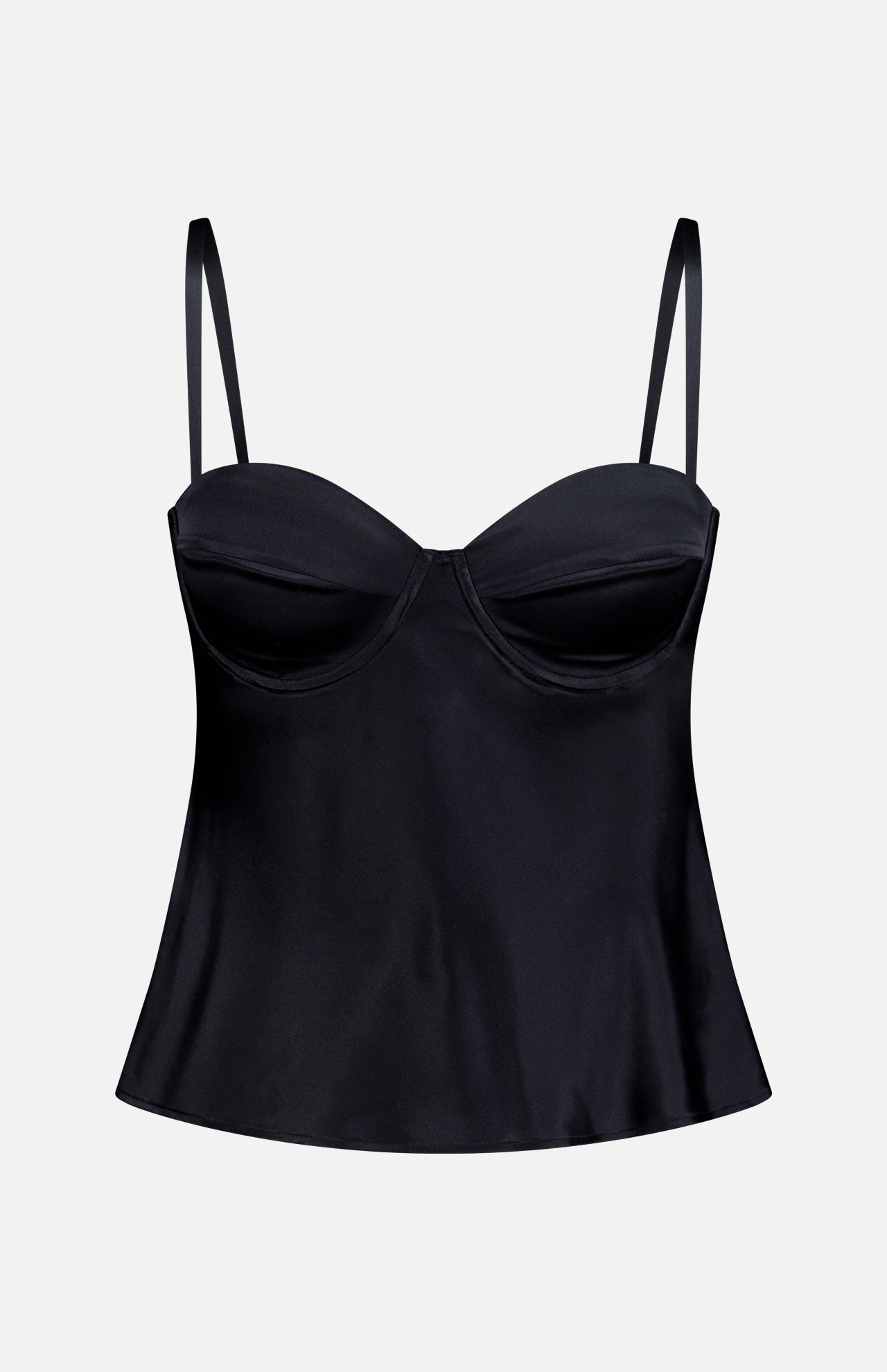 The Orlina Silk Camisole Top by L'AGENCE features black silk, underwire cups, thin adjustable straps, bustier-style details, and a slightly flared hem, shown on a plain white background.