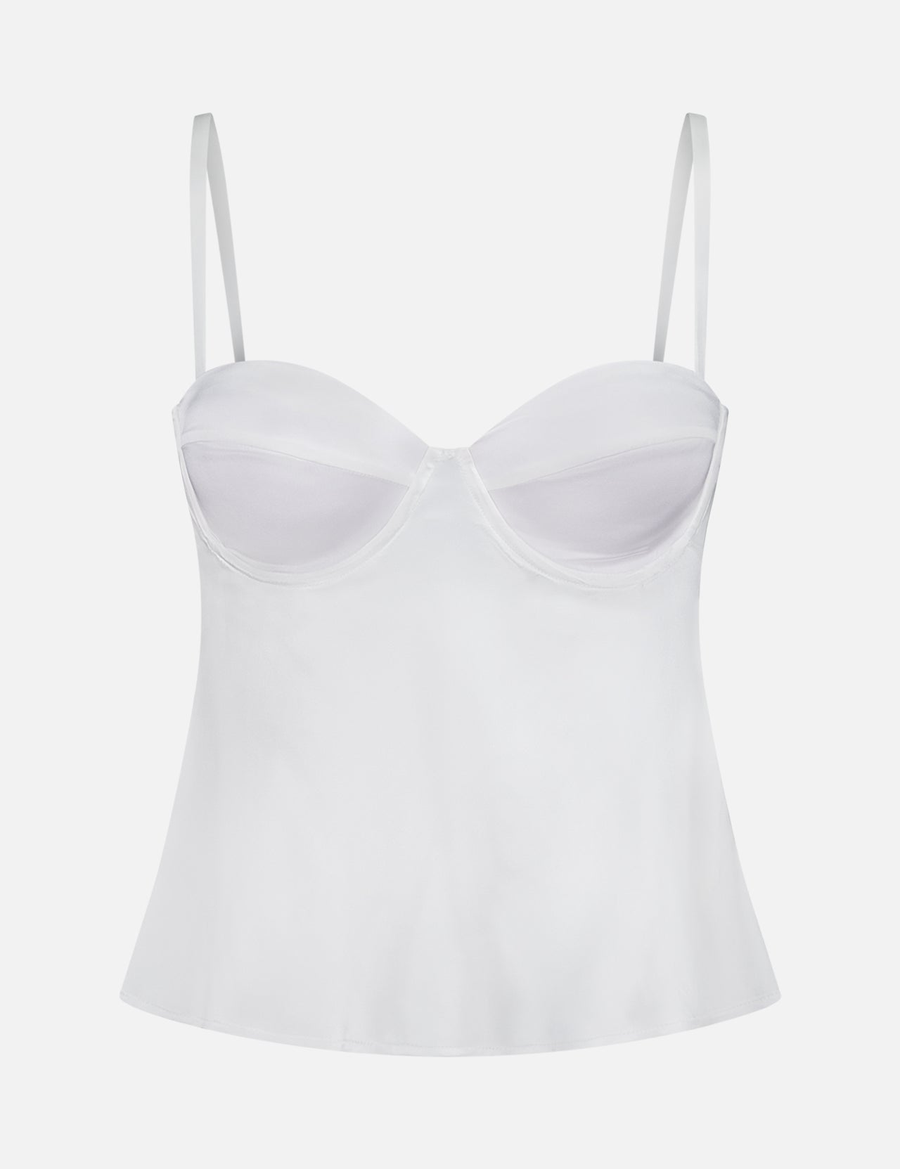 The Orlina Silk Camisole Top by L'AGENCE is a white satin bustier-style piece with underwire cups, slender straps, and a subtly flared hem, shown against a plain white background.