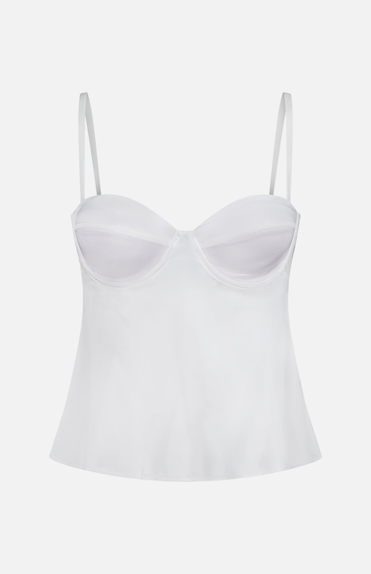 The Orlina Silk Camisole Top by L'AGENCE is a white satin bustier-style piece with underwire cups, slender straps, and a subtly flared hem, shown against a plain white background.